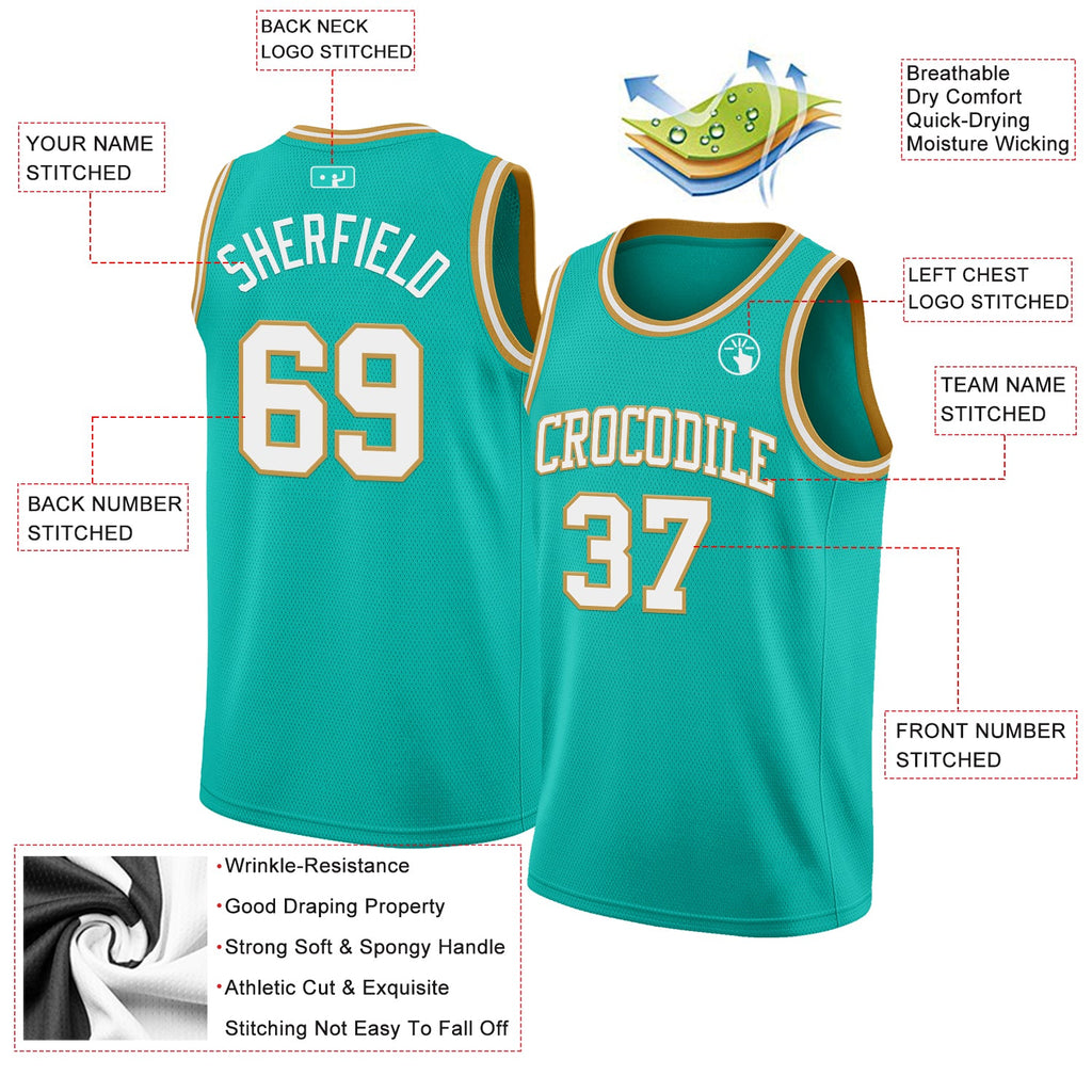 Custom Aqua White-Old Gold Authentic Basketball Jersey