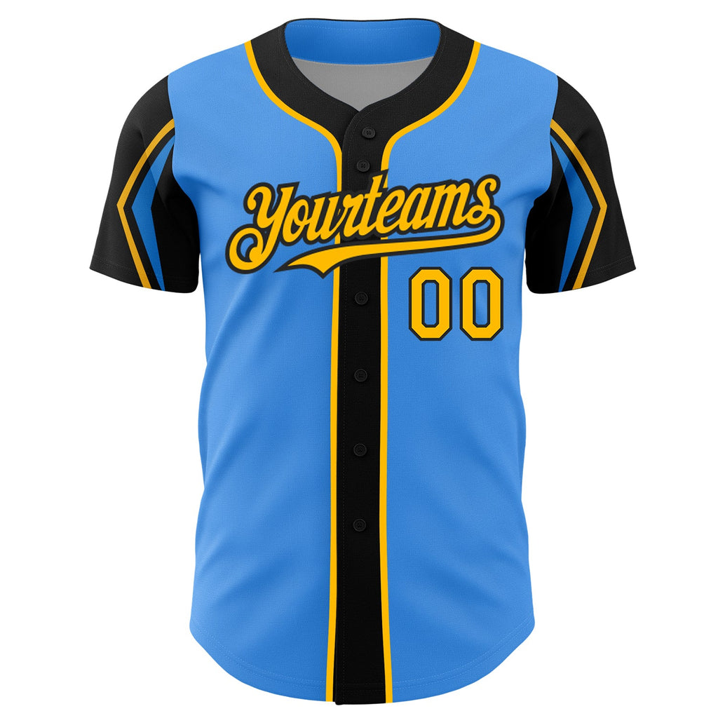 Custom Electric Blue Gold-Black 3 Colors Arm Shapes Authentic Baseball Jersey