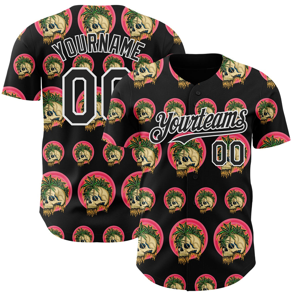 Custom Black White 3D Illymakes Drippy Tropical Skulls Authentic Baseball Jersey
