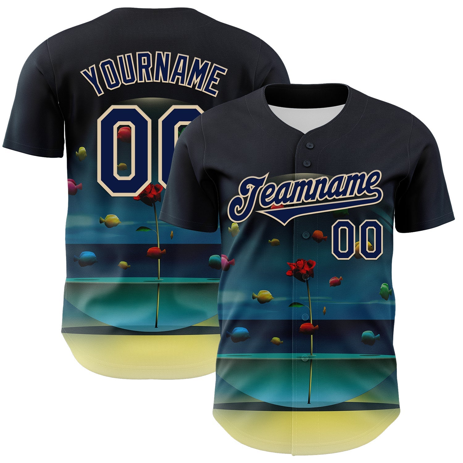Custom Blue Navy-City Cream 3D Marcel Caram The Round Aquarium Blue Version Authentic Baseball Jersey