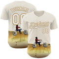 Custom Cream White-Old Gold 3D Marcel Caram Man With Motorcycle Authentic Baseball Jersey