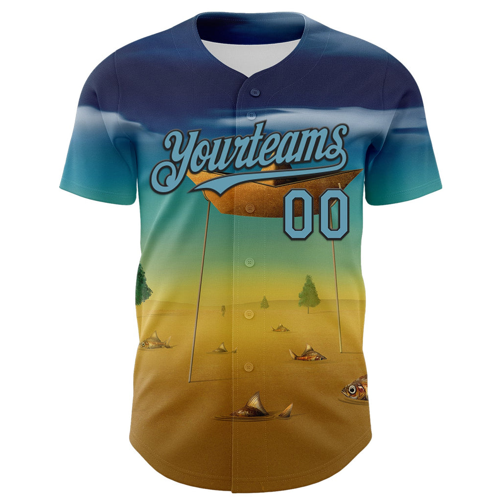 Custom Blue Shadow Blue Yellow-Black 3D Marcel Caram Metaphysical Scene With Little Boat Authentic Baseball Jersey