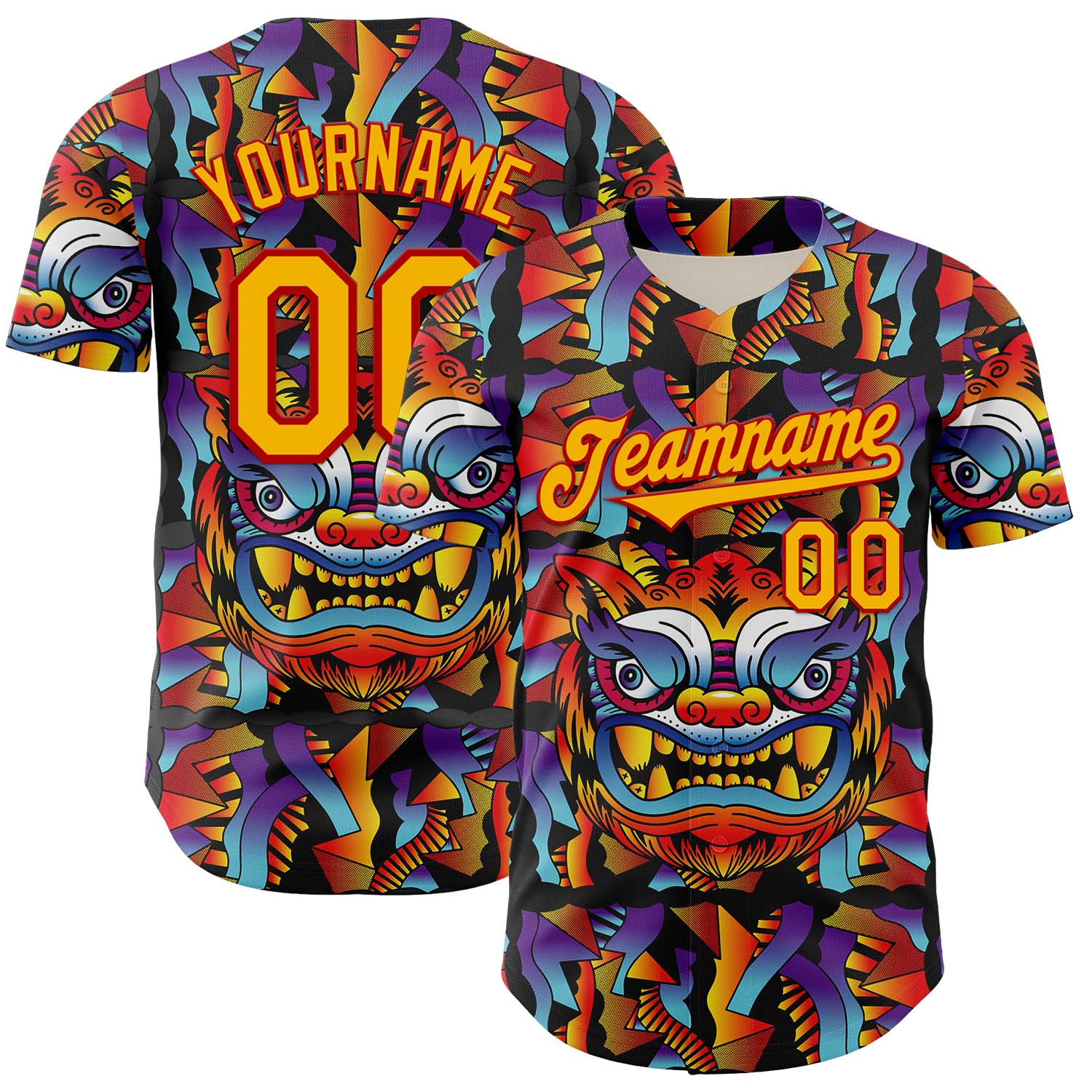 Custom Black Gold-Red 3D Geo Law God Mask Authentic Baseball Jersey