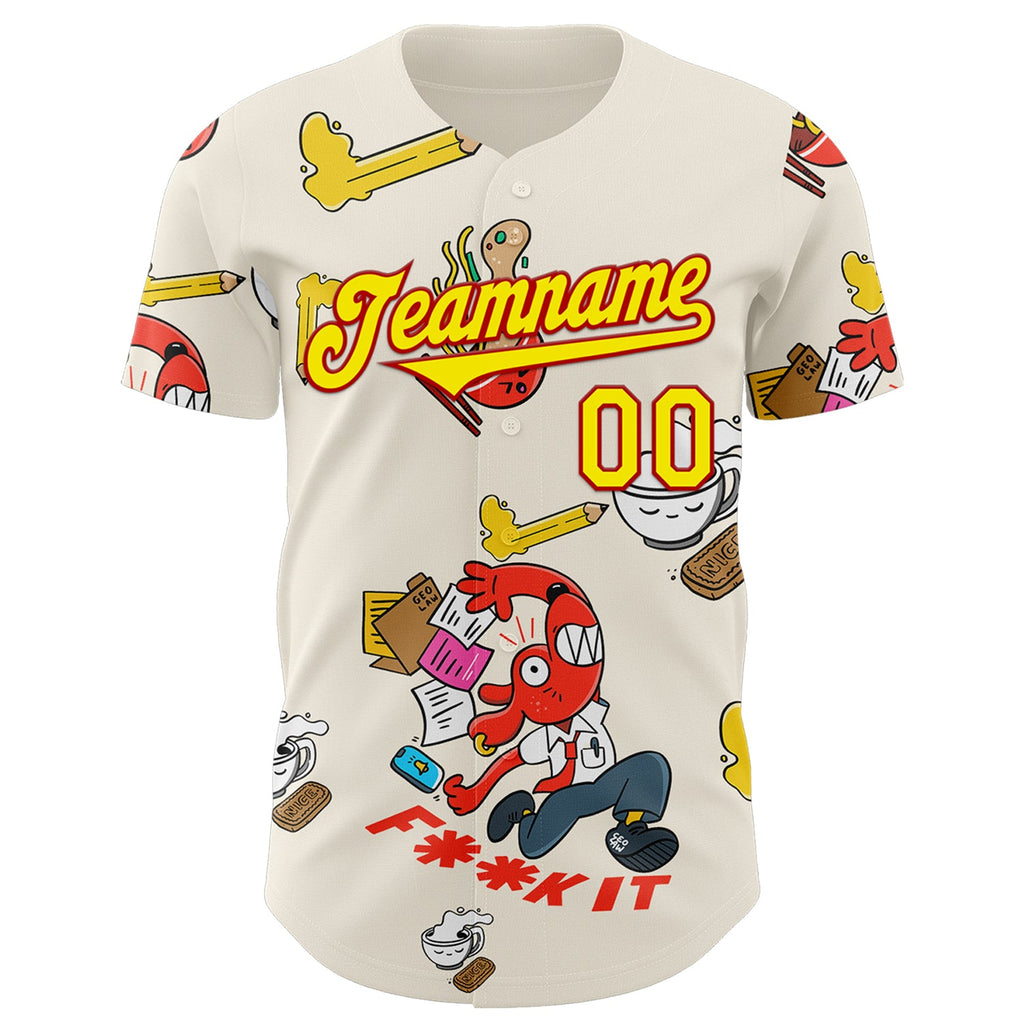 Custom Cream Light Yellow-Red 3D Geo Law Fuckit Authentic Baseball Jersey