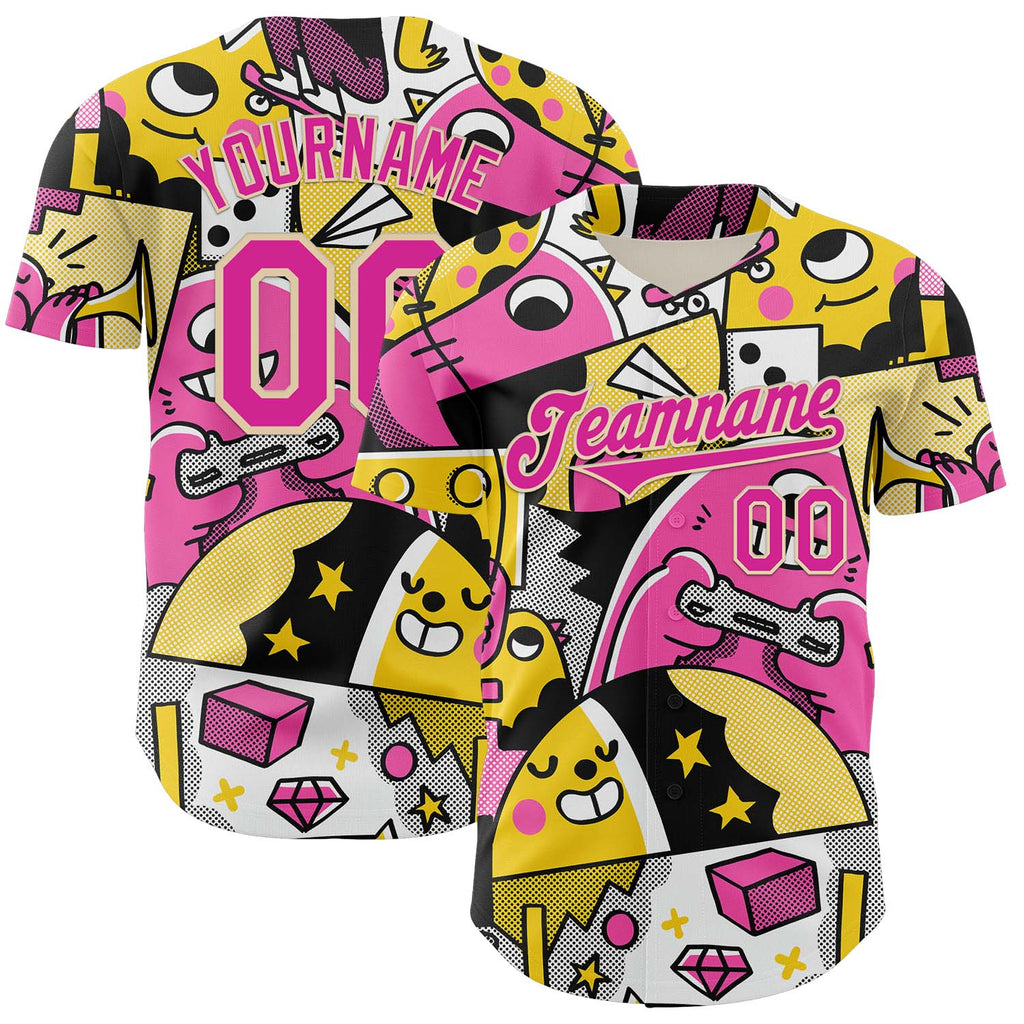 Custom Black Deep Pink-City Cream 3D Geo Law Fun N Games Authentic Baseball Jersey