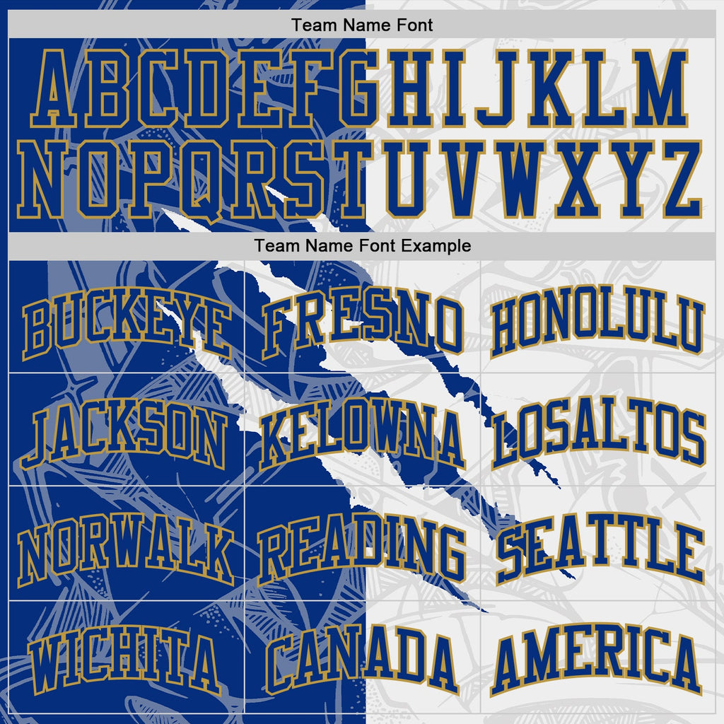 Custom Graffiti Pattern Royal White-Old Gold Scratch Round Neck Sublimation Basketball Suit Jersey