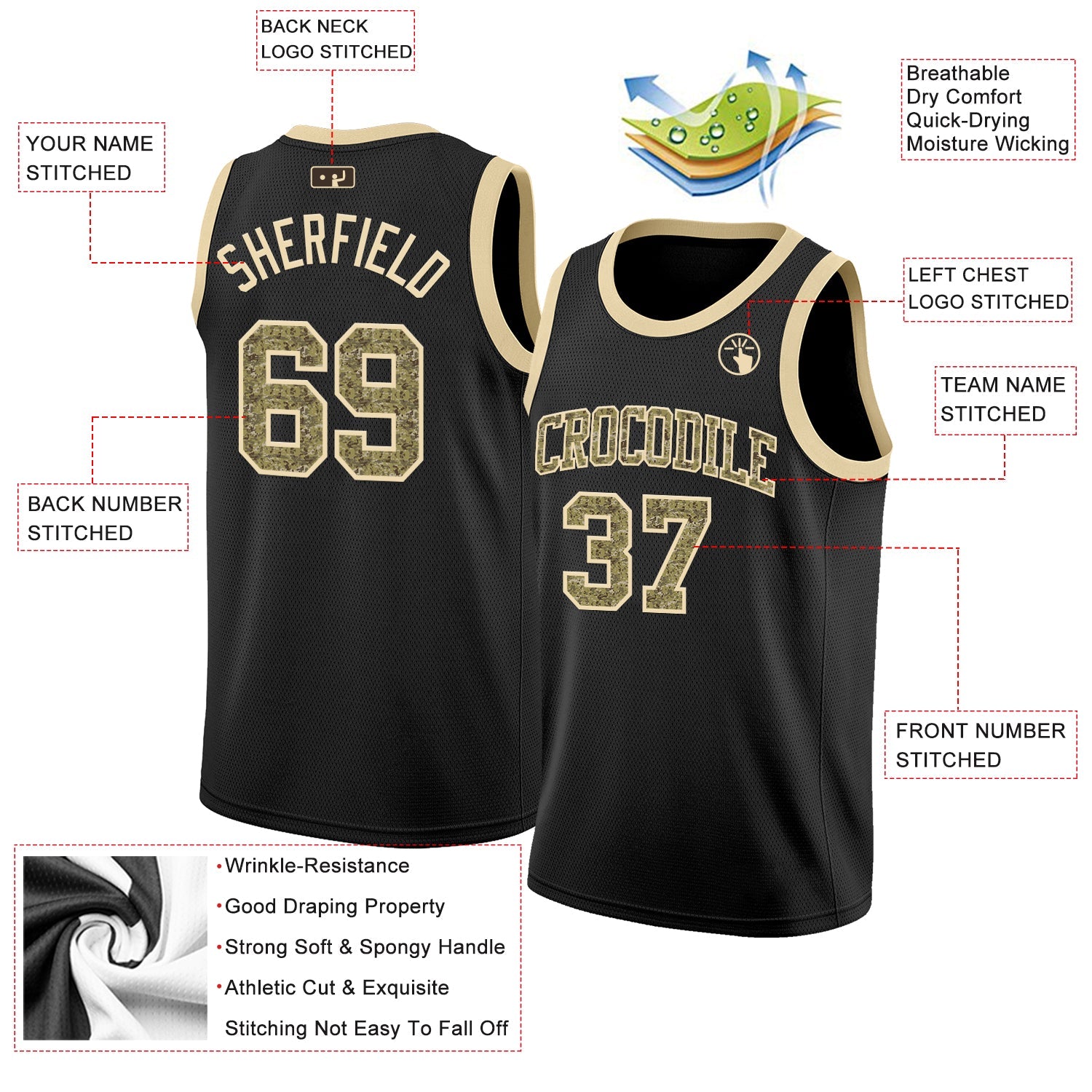 Custom Black Camo-Cream Authentic Basketball Jersey