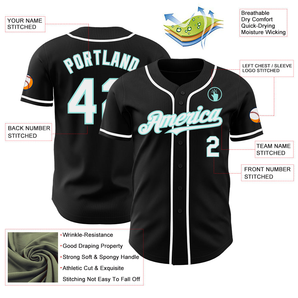 Custom Black White-Ice Blue Authentic Baseball Jersey