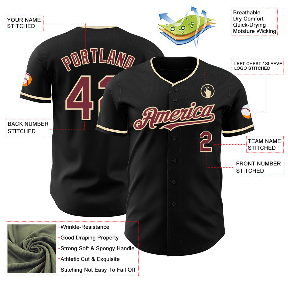 Custom Black Burgundy-Cream Authentic Baseball Jersey