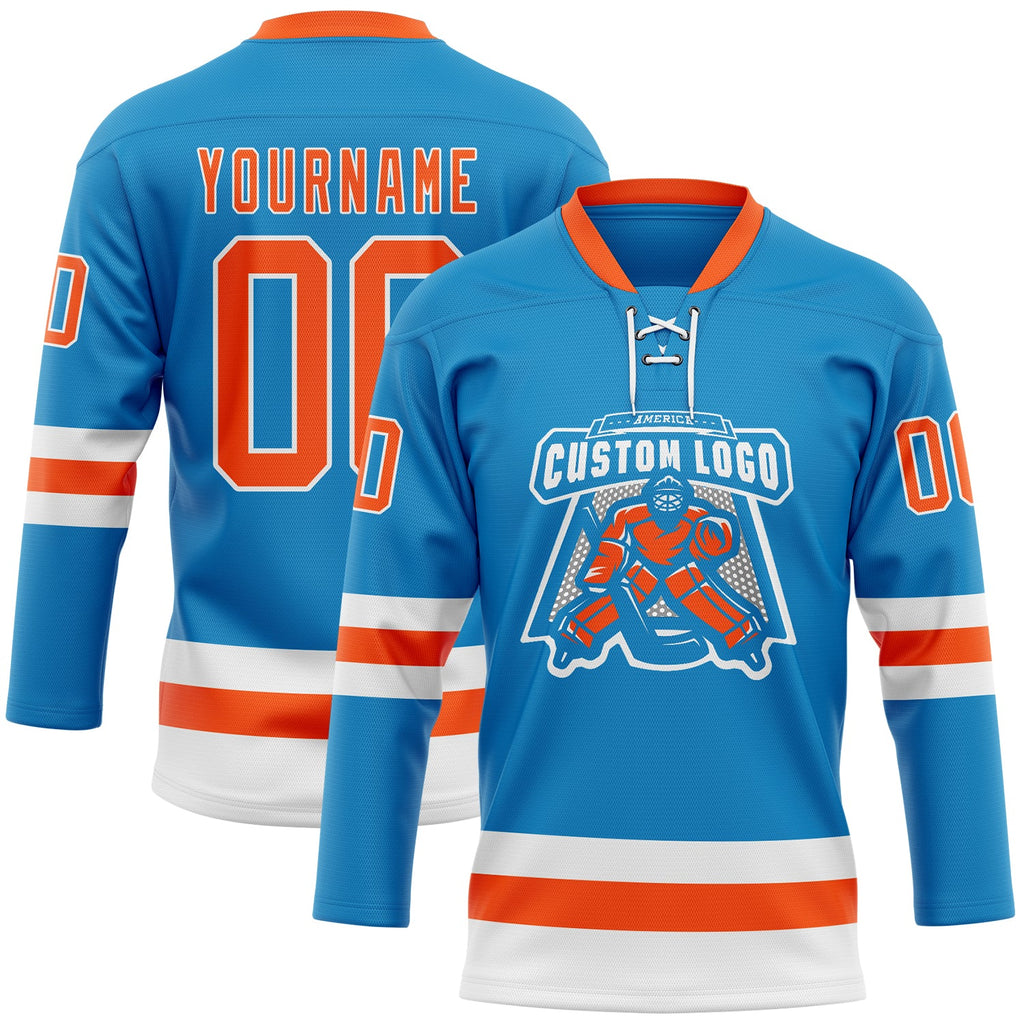 Custom Blue Orange-White Hockey Lace Neck Jersey