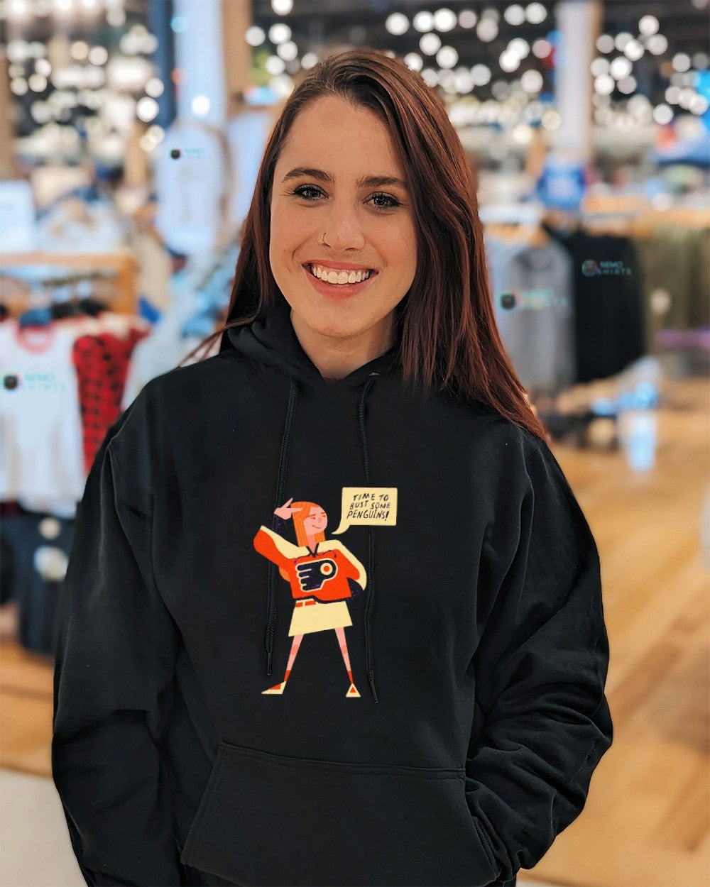 Candace Flynn wearing Philadelphia Flyers time to bust some Penguins shirt