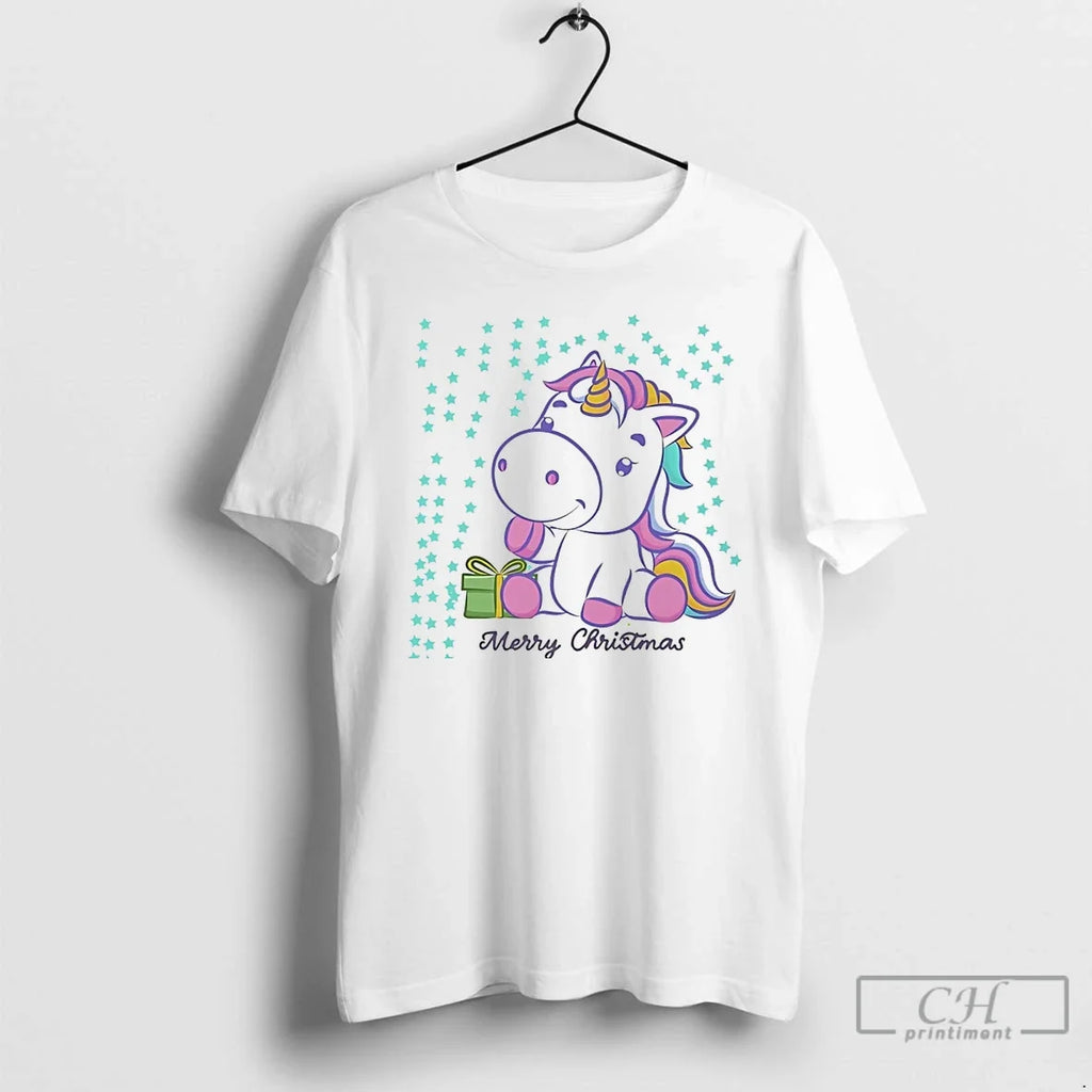 Classic Merry Christmas Unicorn Gift Box Stars White T Shirts