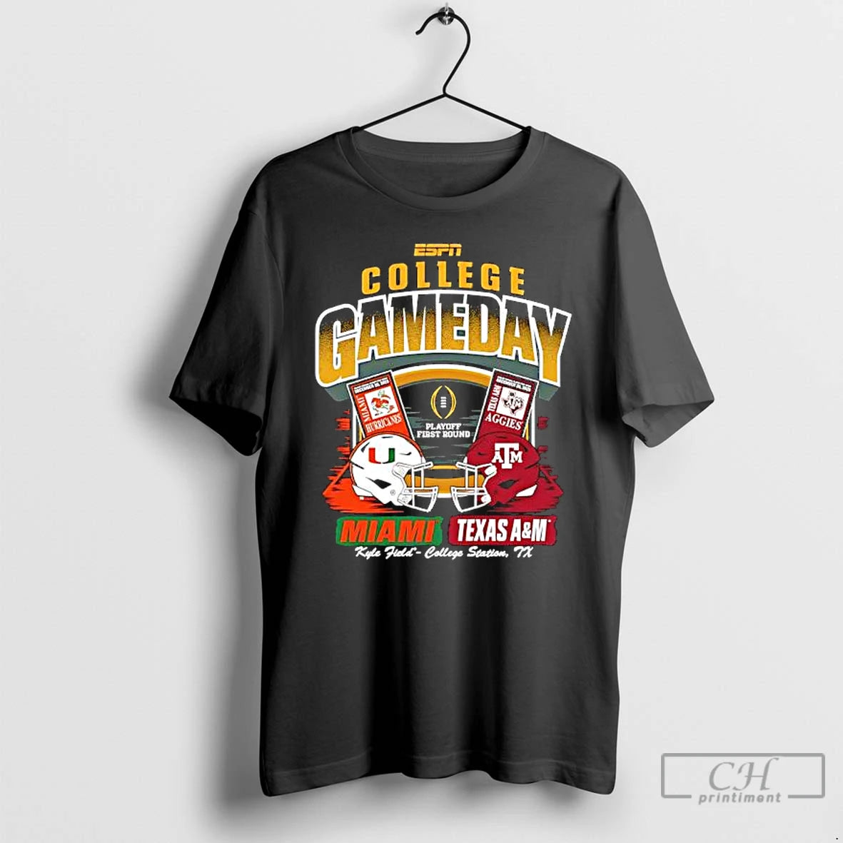 Classic Miami Vs Texas Am 2025 26 Cfp Espn Game Day Helmet Matchup T Shirts