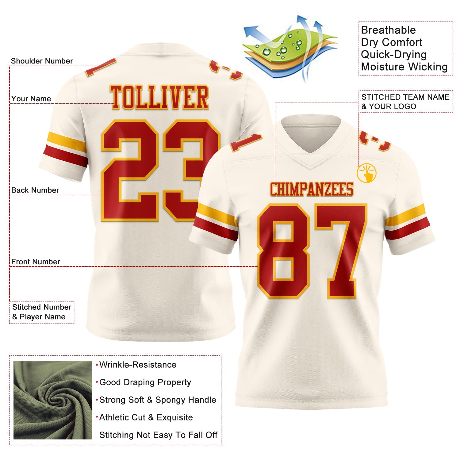 Custom Cream Red-Gold Authentic Football Jersey