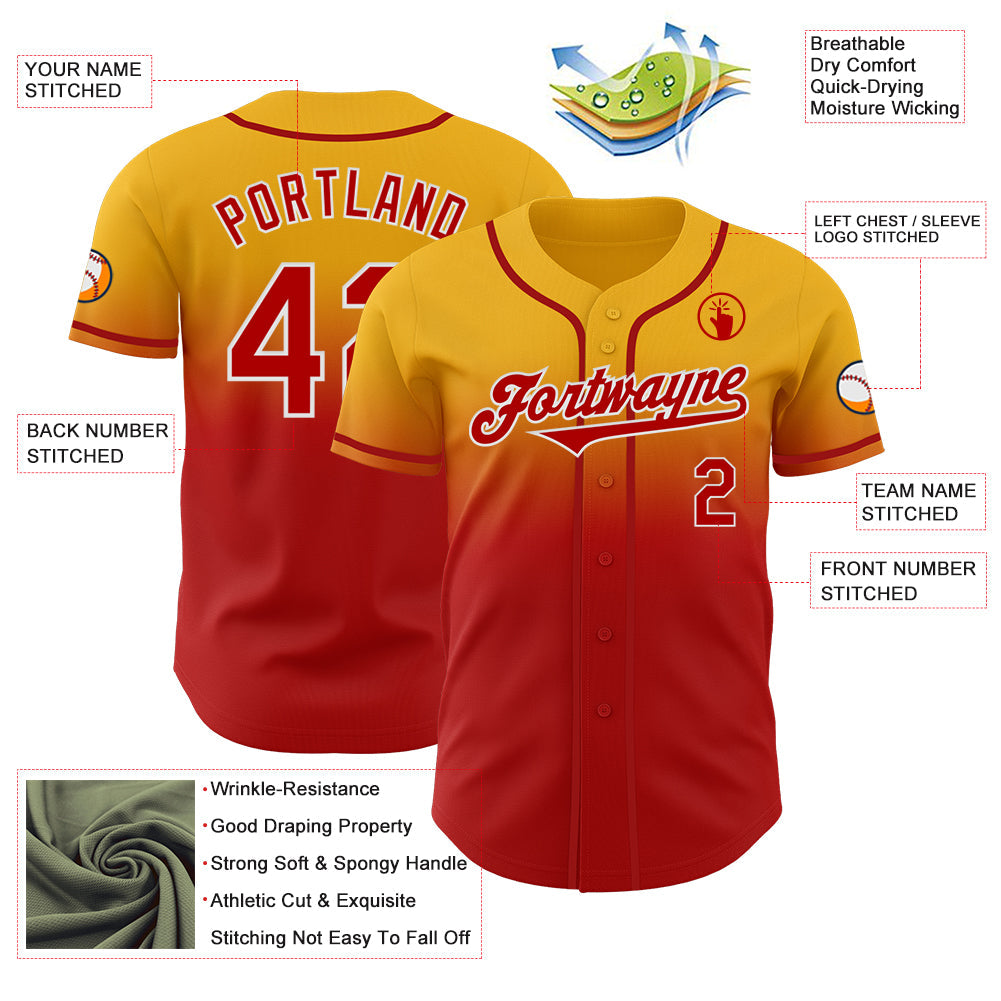 Custom Gold Red-White Authentic Fade Fashion Baseball Jersey