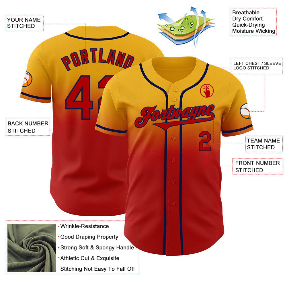 Custom Gold Red-Navy Authentic Fade Fashion Baseball Jersey