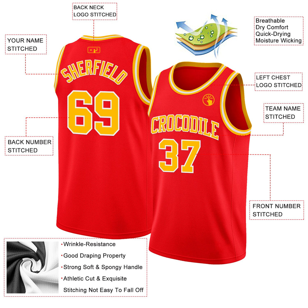 Custom Fire Red Gold-White Authentic Basketball Jersey