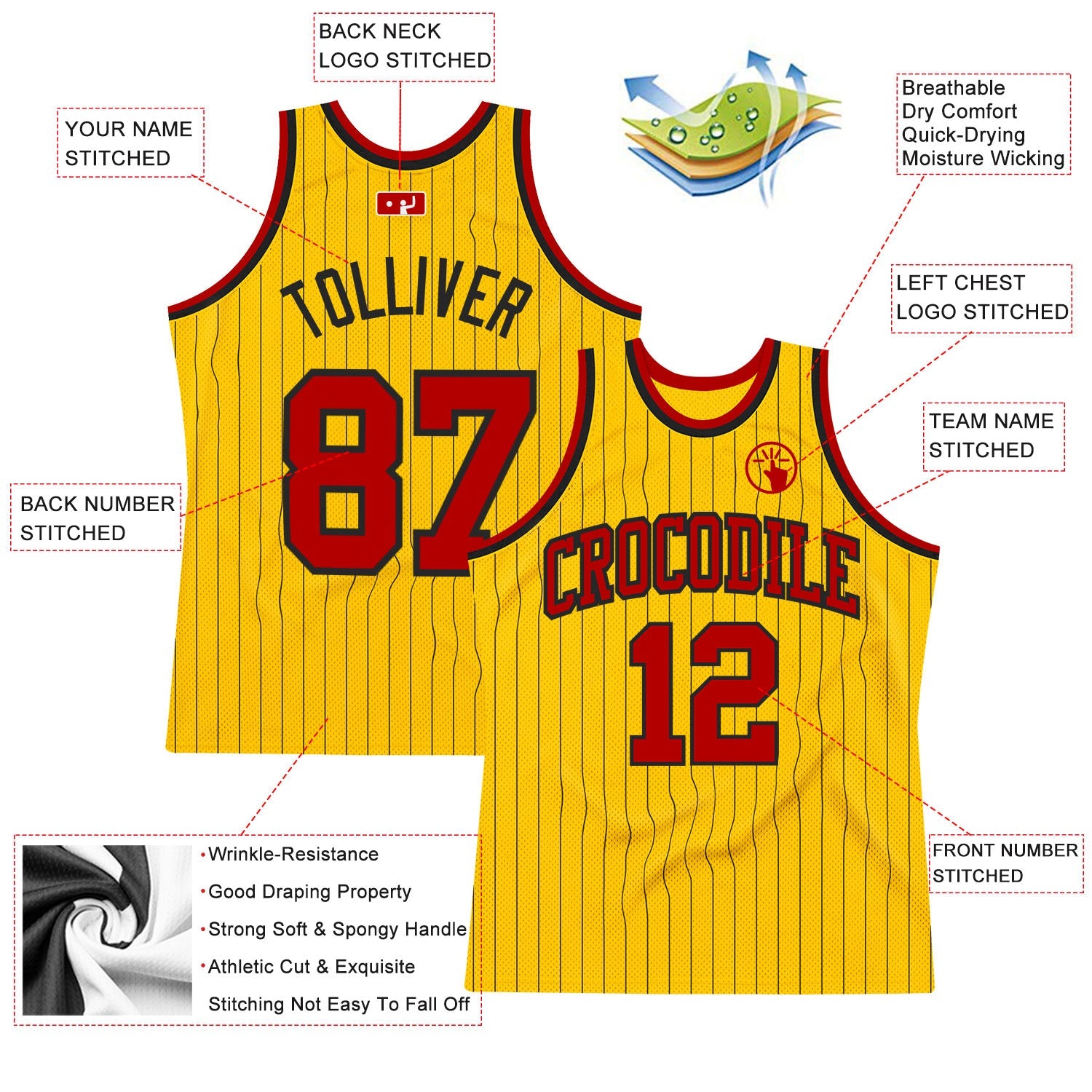 Custom Gold Black Pinstripe Red Authentic Basketball Jersey