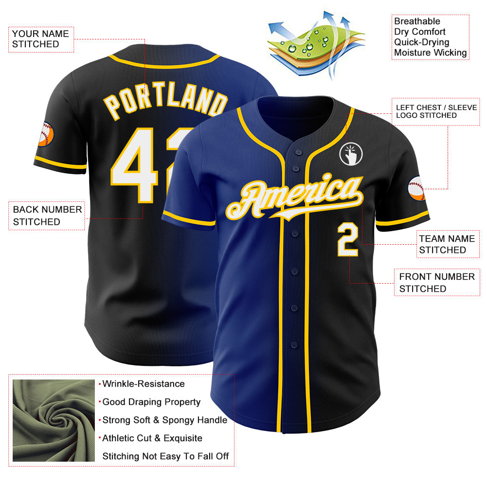 Custom Black White Royal-Yellow Authentic Gradient Fashion Baseball Jersey