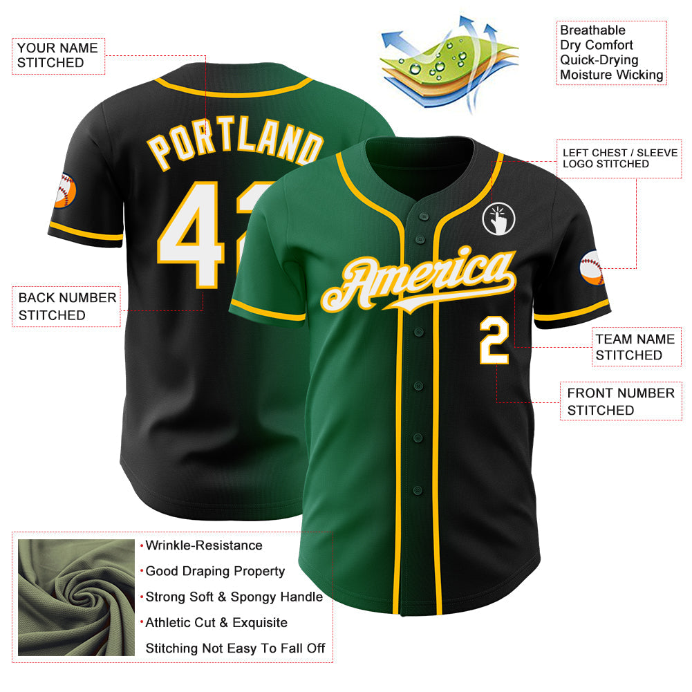 Custom Black White Kelly Green-Gold Authentic Gradient Fashion Baseball Jersey