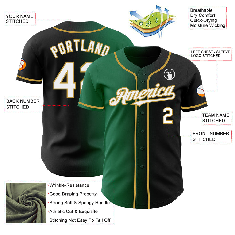 Custom Black White Kelly Green-Old Gold Authentic Gradient Fashion Baseball Jersey