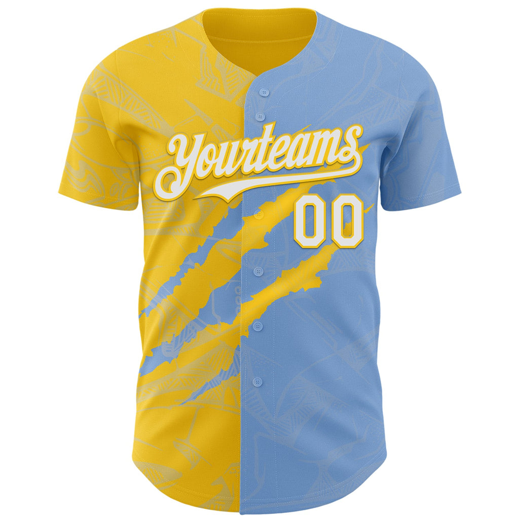 Custom Graffiti Pattern White Light Blue-Yellow 3D Scratch Authentic Baseball Jersey