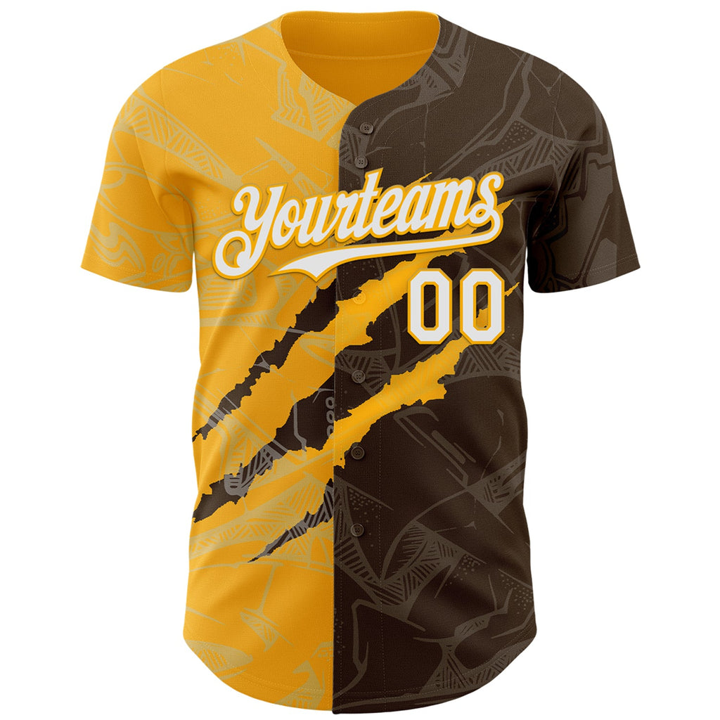 Custom Graffiti Pattern White Brown-Gold 3D Scratch Authentic Baseball Jersey