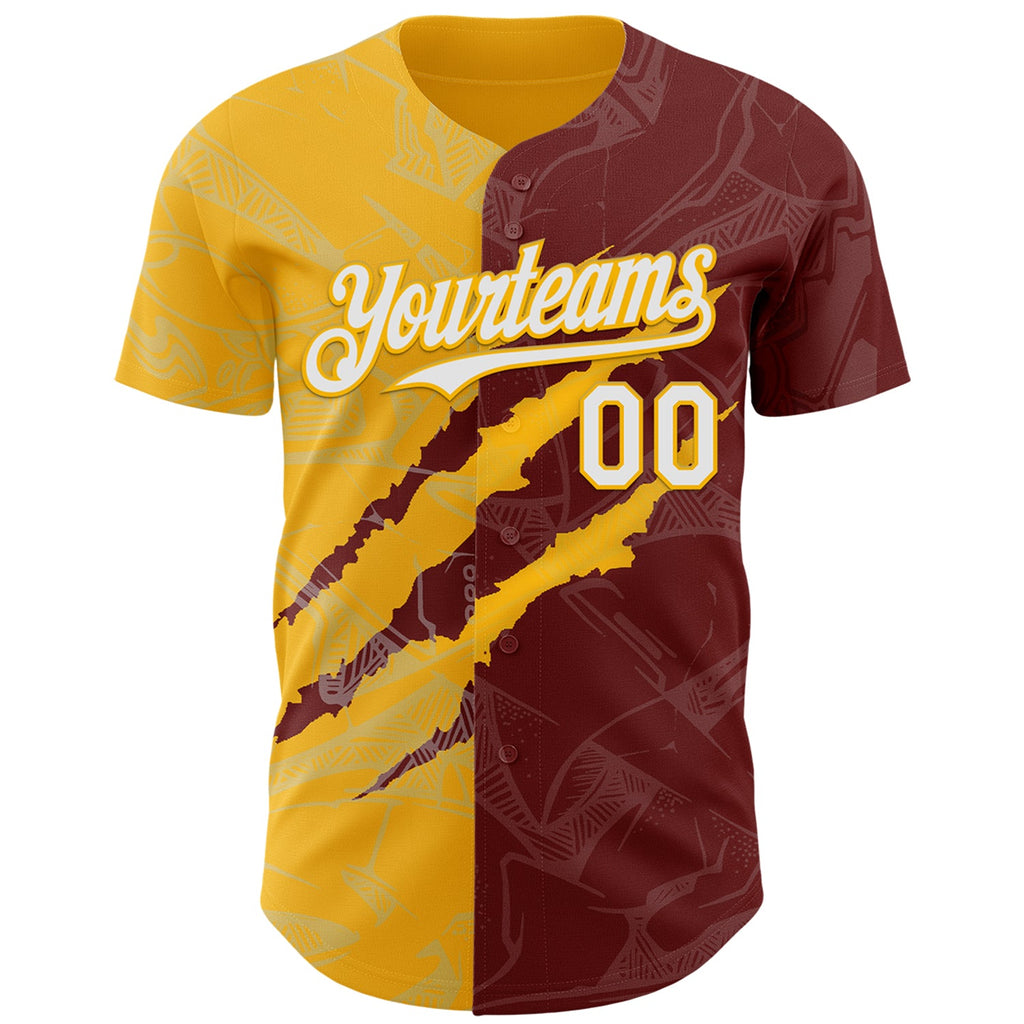 Custom Graffiti Pattern White Burgundy-Gold 3D Scratch Authentic Baseball Jersey