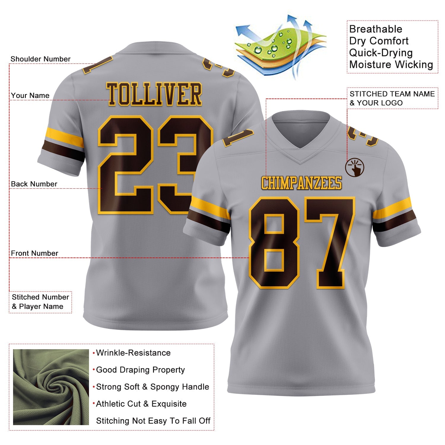 Custom Gray Brown-Gold Authentic Football Jersey