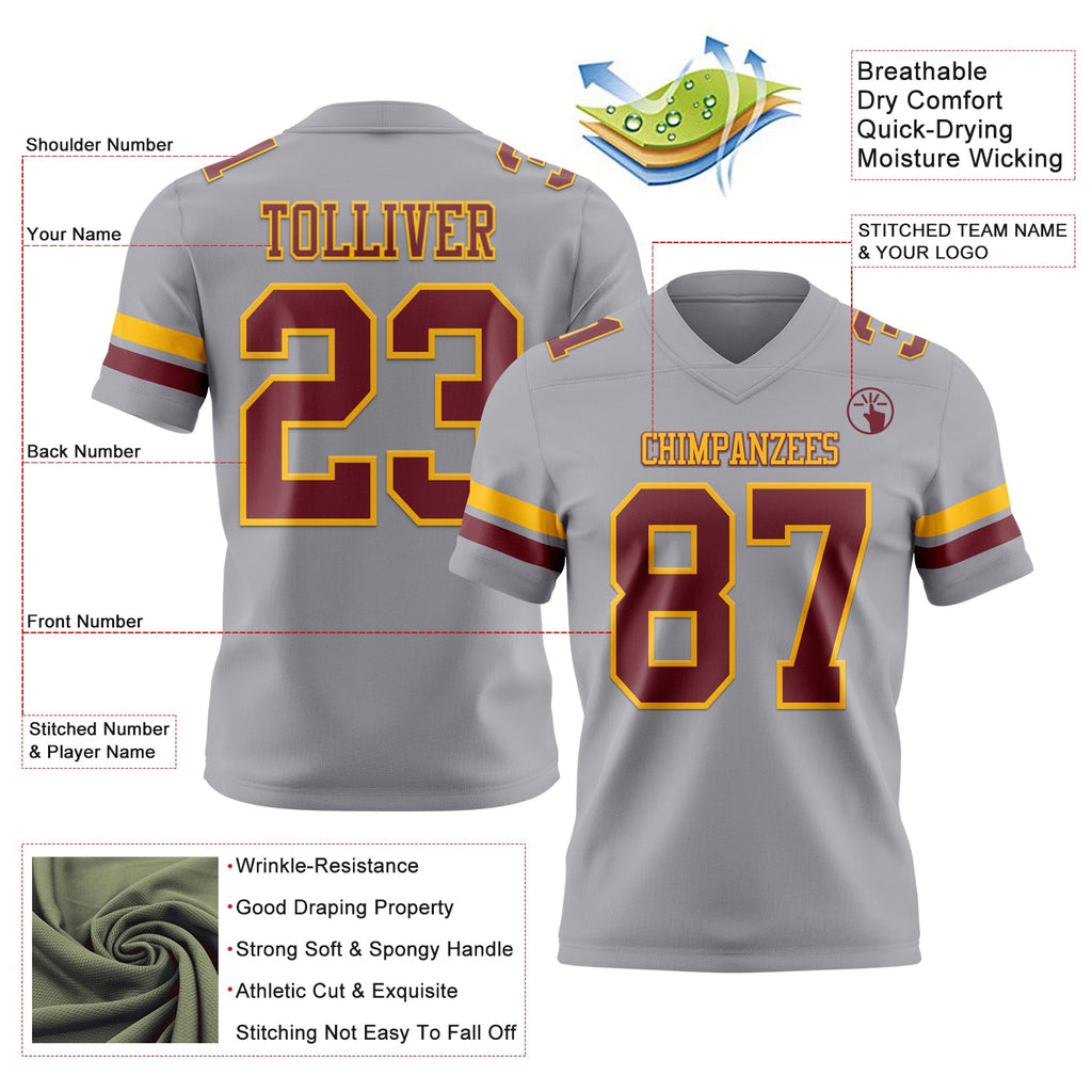 Custom Gray Burgundy-Gold Authentic Football Jersey