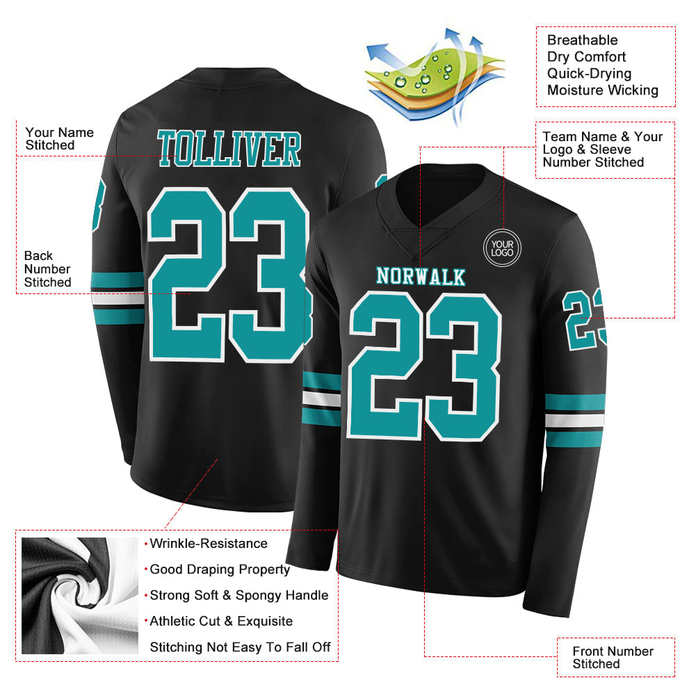 Custom Black Teal-White Long Sleeve Authentic Football Jersey