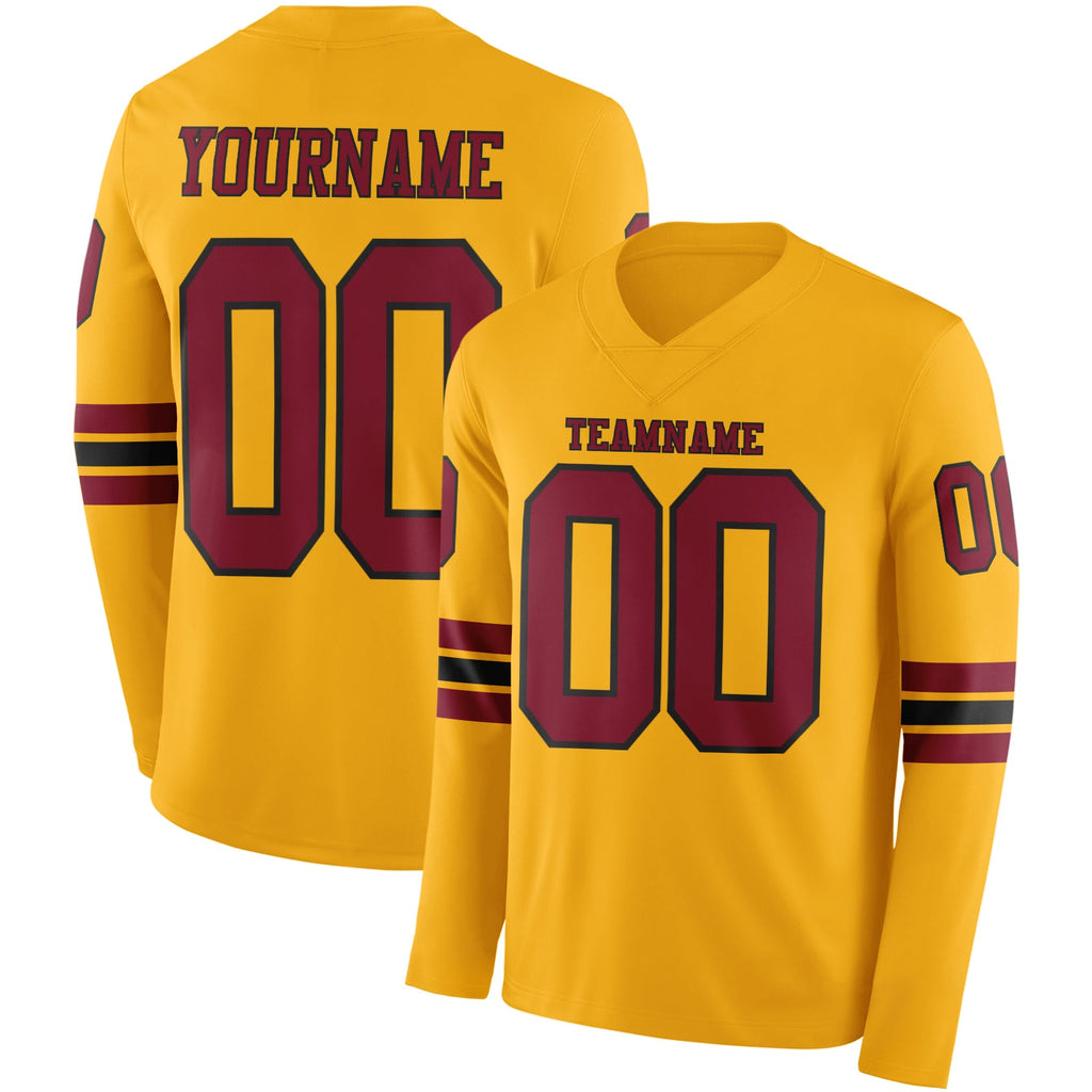 Custom Gold Crimson-Black Long Sleeve Authentic Football Jersey