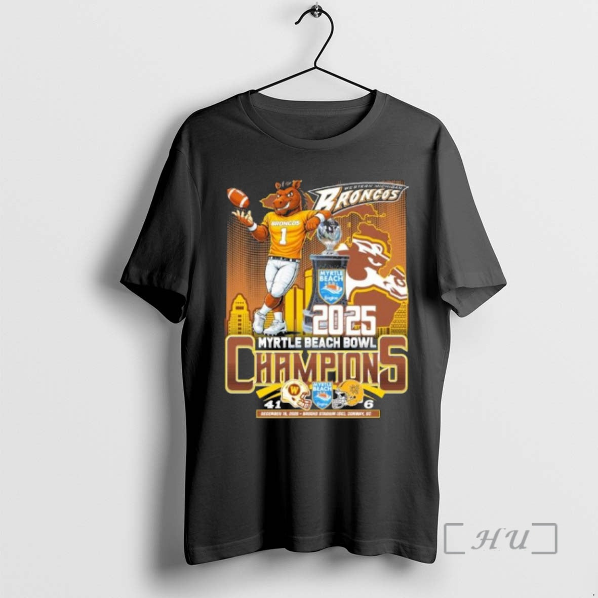 Officials Western Michigan Broncos Mascot 2025 Myrtle Beach Bowl Champions Score Premium T Shirts Sweater