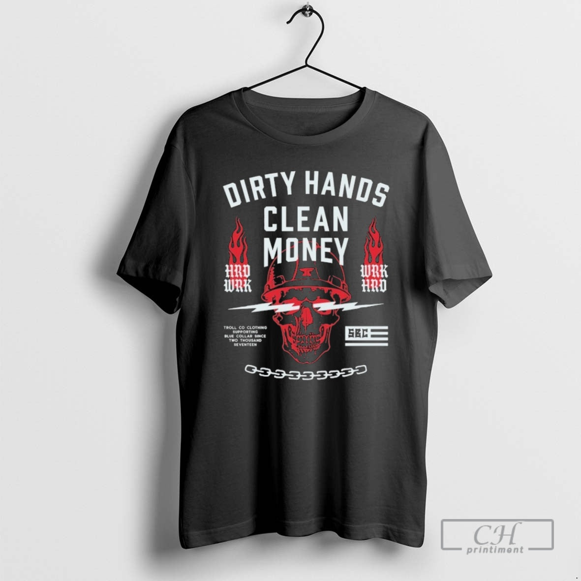 Premium Troll Co Dirty Hands Clean Money Firebolt Skull Shirt Sweater