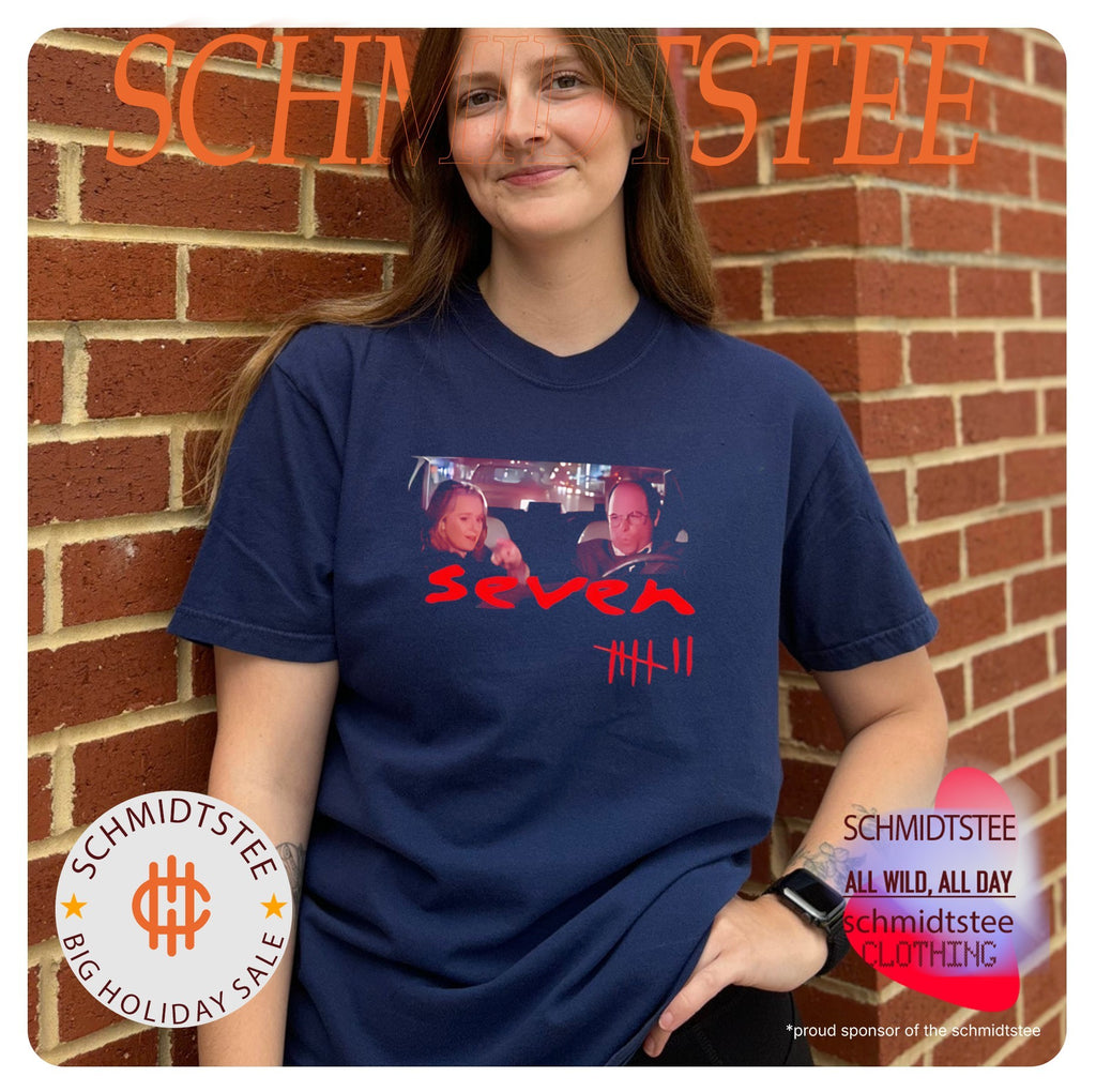Seinfeld scene with Se7en 1995 font style shirt