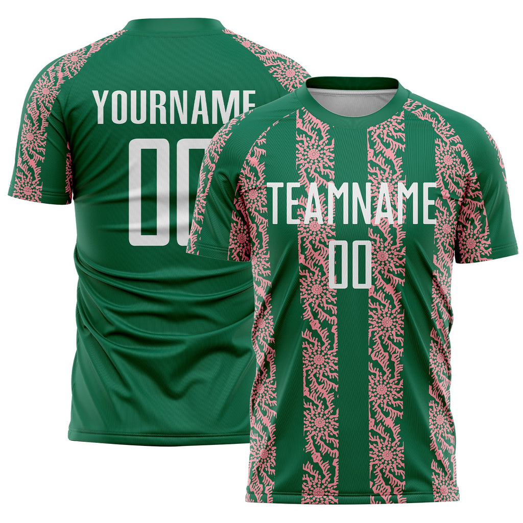 Custom Kelly Green White-Medium Pink Abstract Shape Sublimation Soccer Uniform Jersey