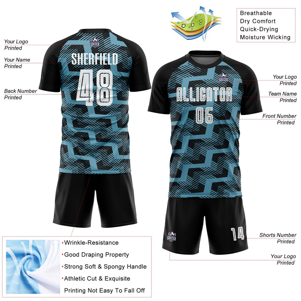 Custom Black White-Shadow Blue Line Sublimation Soccer Uniform Jersey