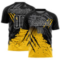 Custom Black Yellow-White Gradient Scratch Splash Sublimation Soccer Uniform Jersey