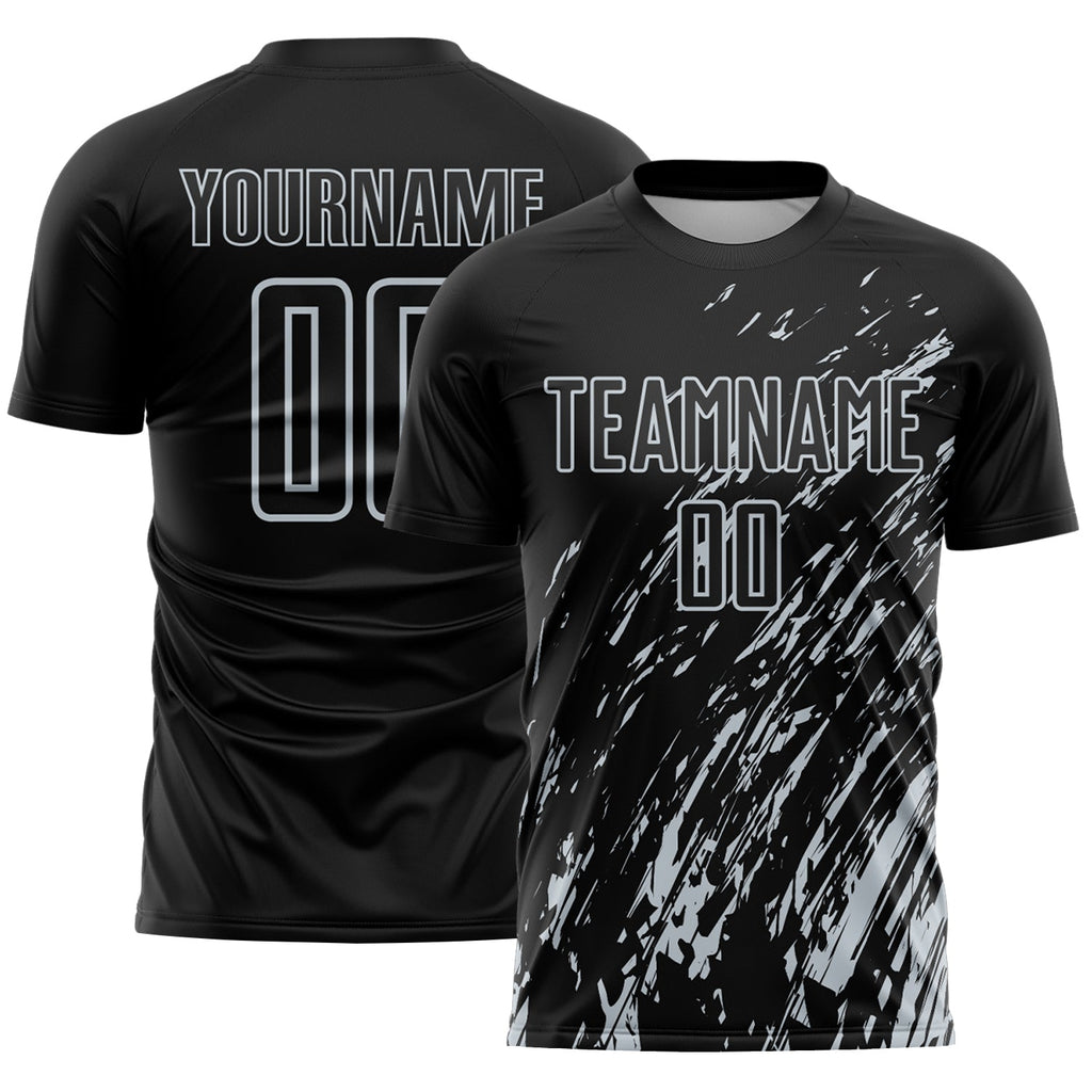 Custom Black Silver Splash Sublimation Soccer Uniform Jersey