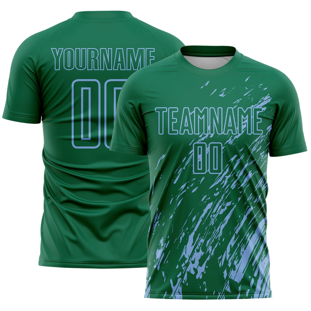 Custom Kelly Green Light Blue Splash Sublimation Soccer Uniform Jersey