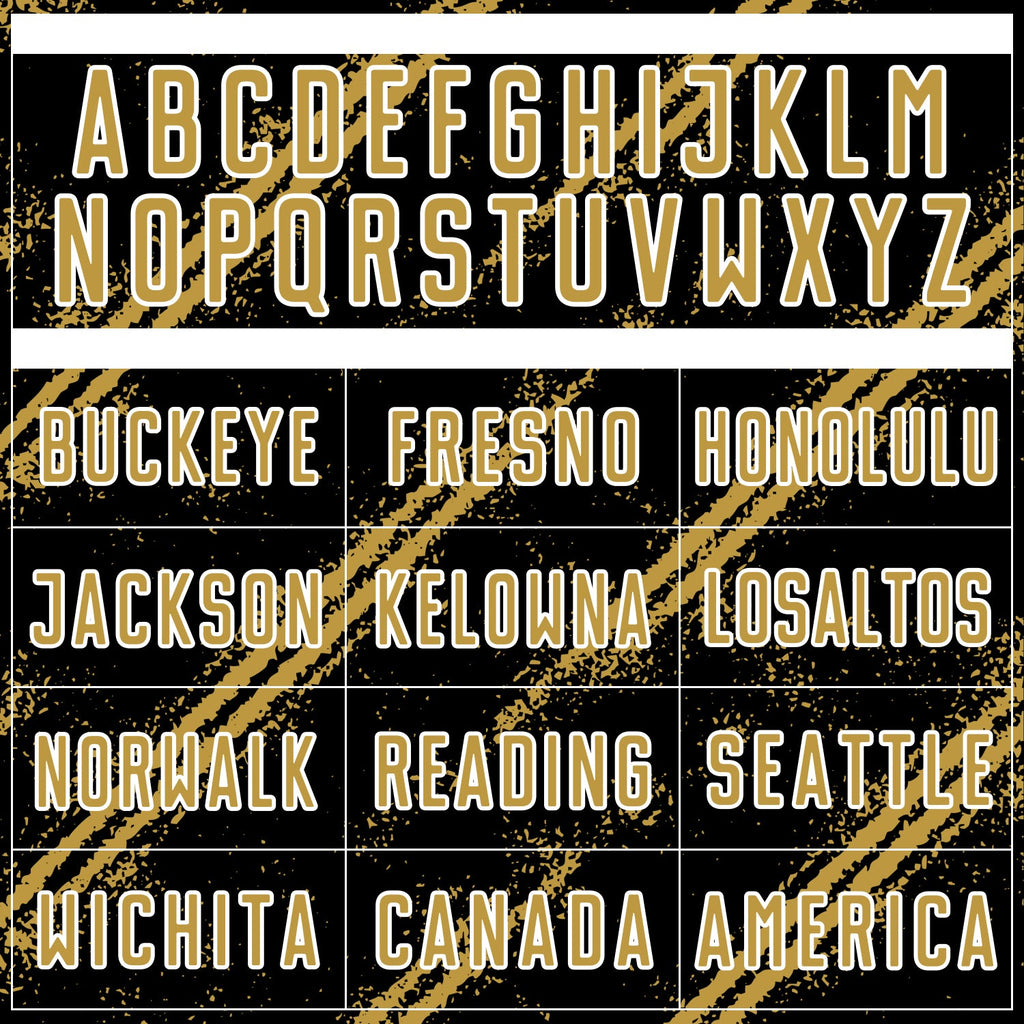 Custom Black Old Gold-White Abstract Fragment Art Splash Sublimation Soccer Uniform Jersey