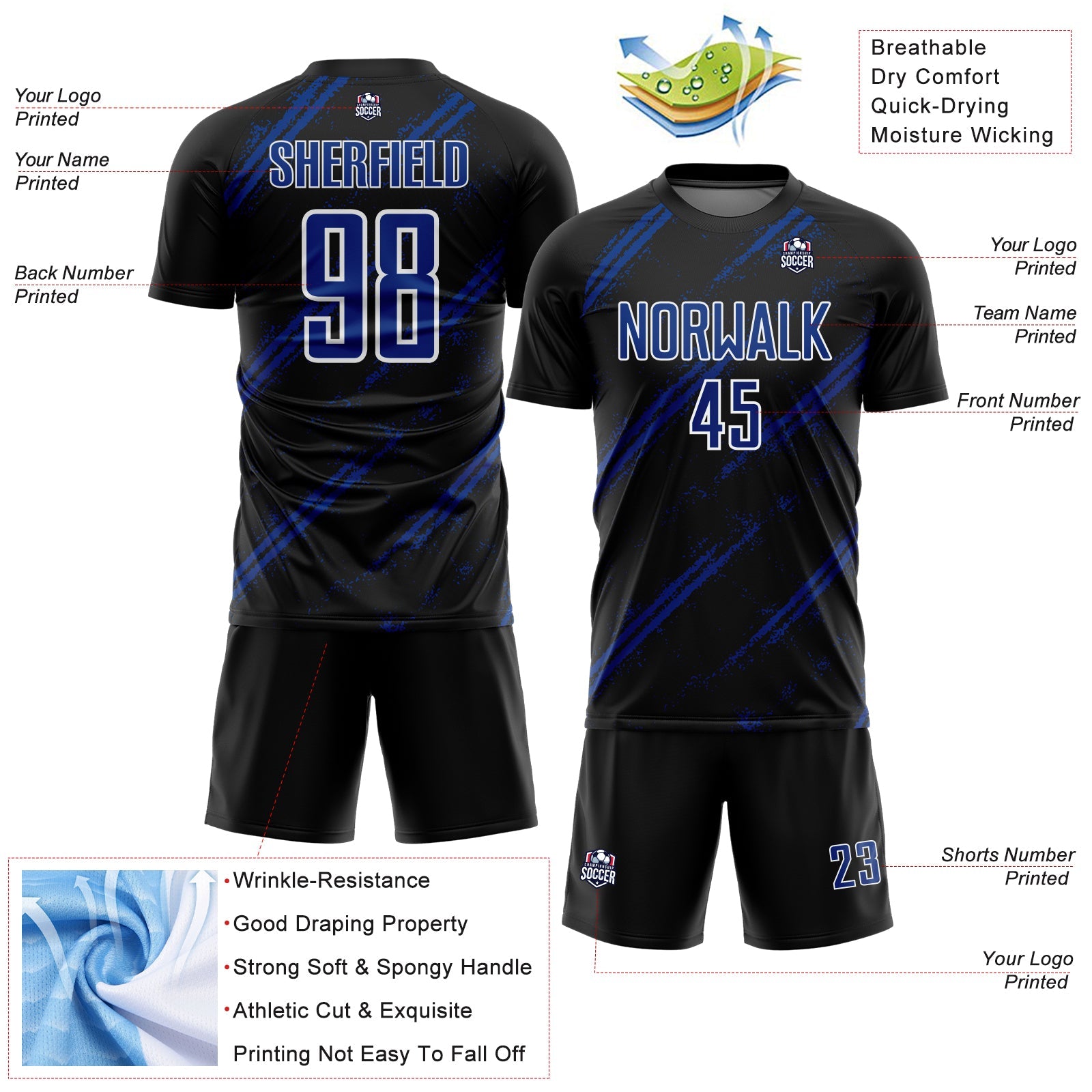 Custom Black Royal-White Abstract Fragment Art Splash Sublimation Soccer Uniform Jersey