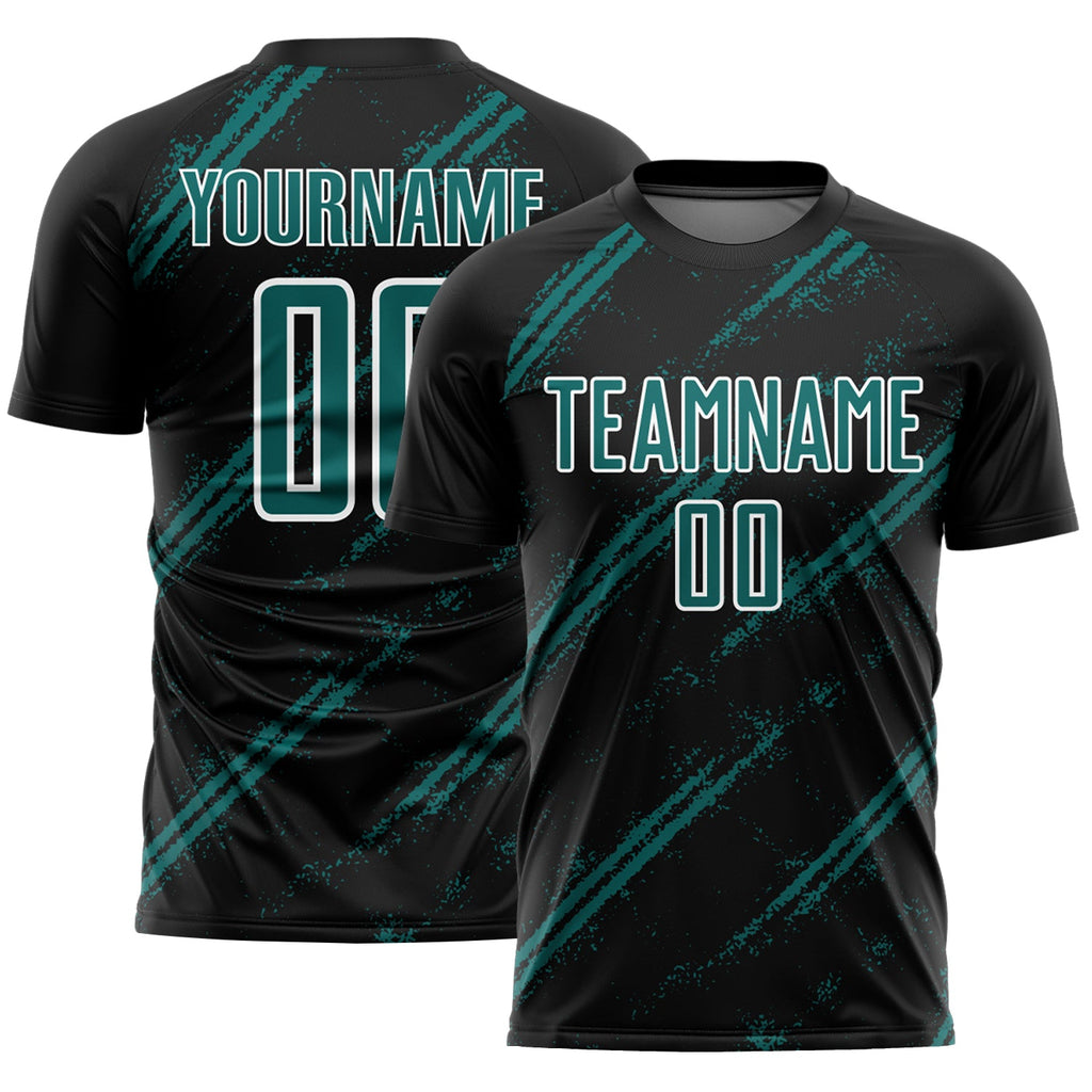 Custom Black Teal-White Abstract Fragment Art Splash Sublimation Soccer Uniform Jersey