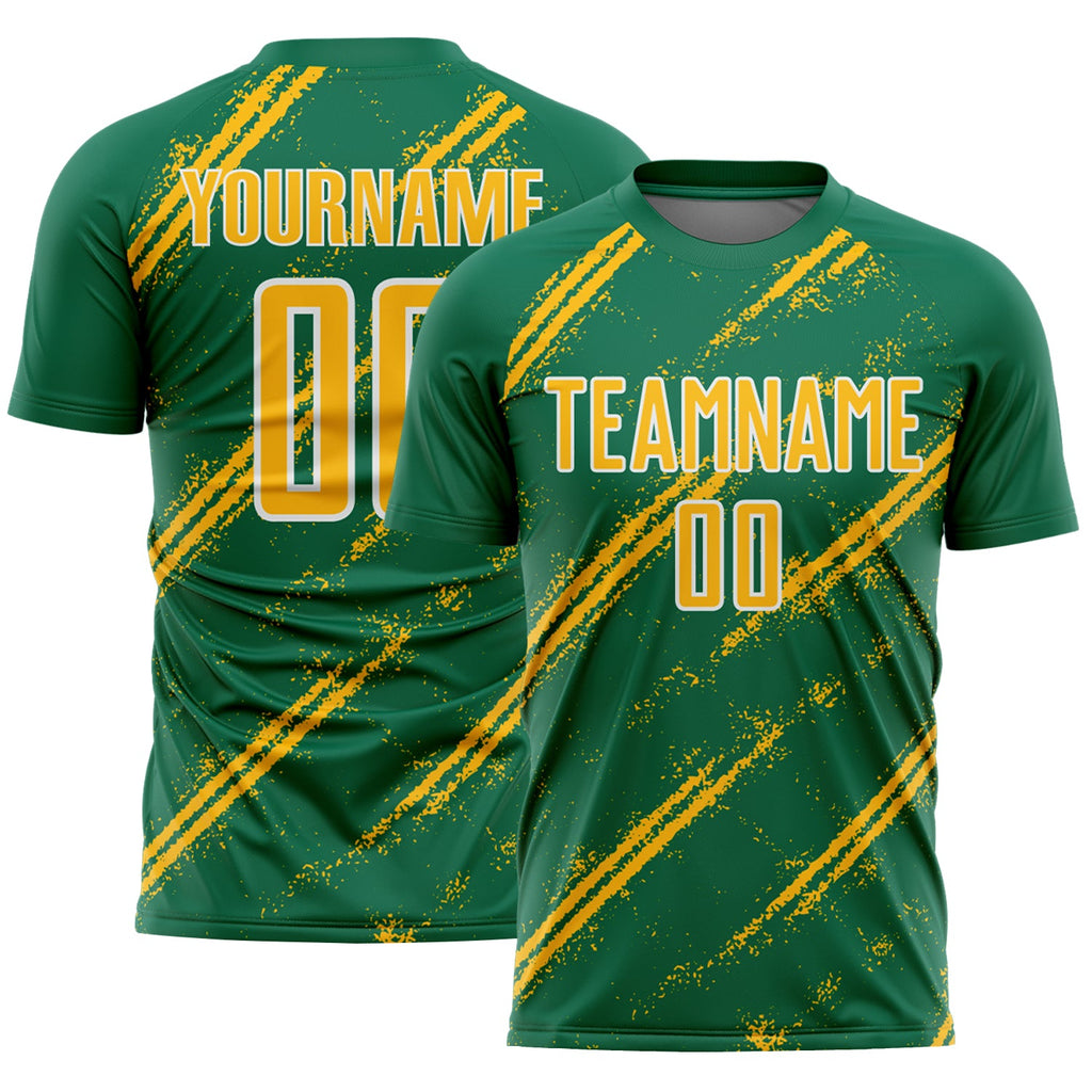 Custom Kelly Green Gold-White Abstract Fragment Art Splash Sublimation Soccer Uniform Jersey