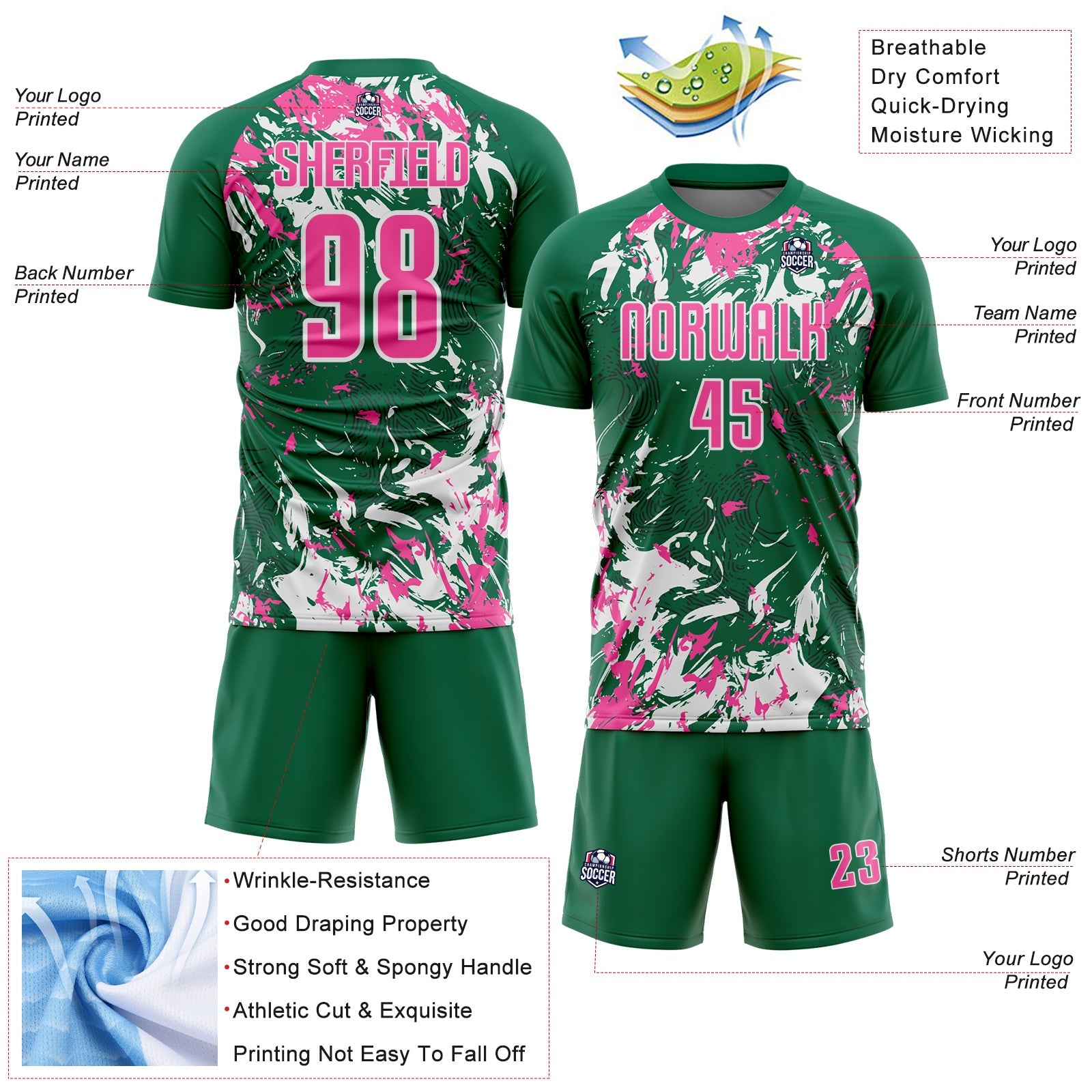 Custom Kelly Green Pink-White Fluid Art Splash Sublimation Soccer Uniform Jersey