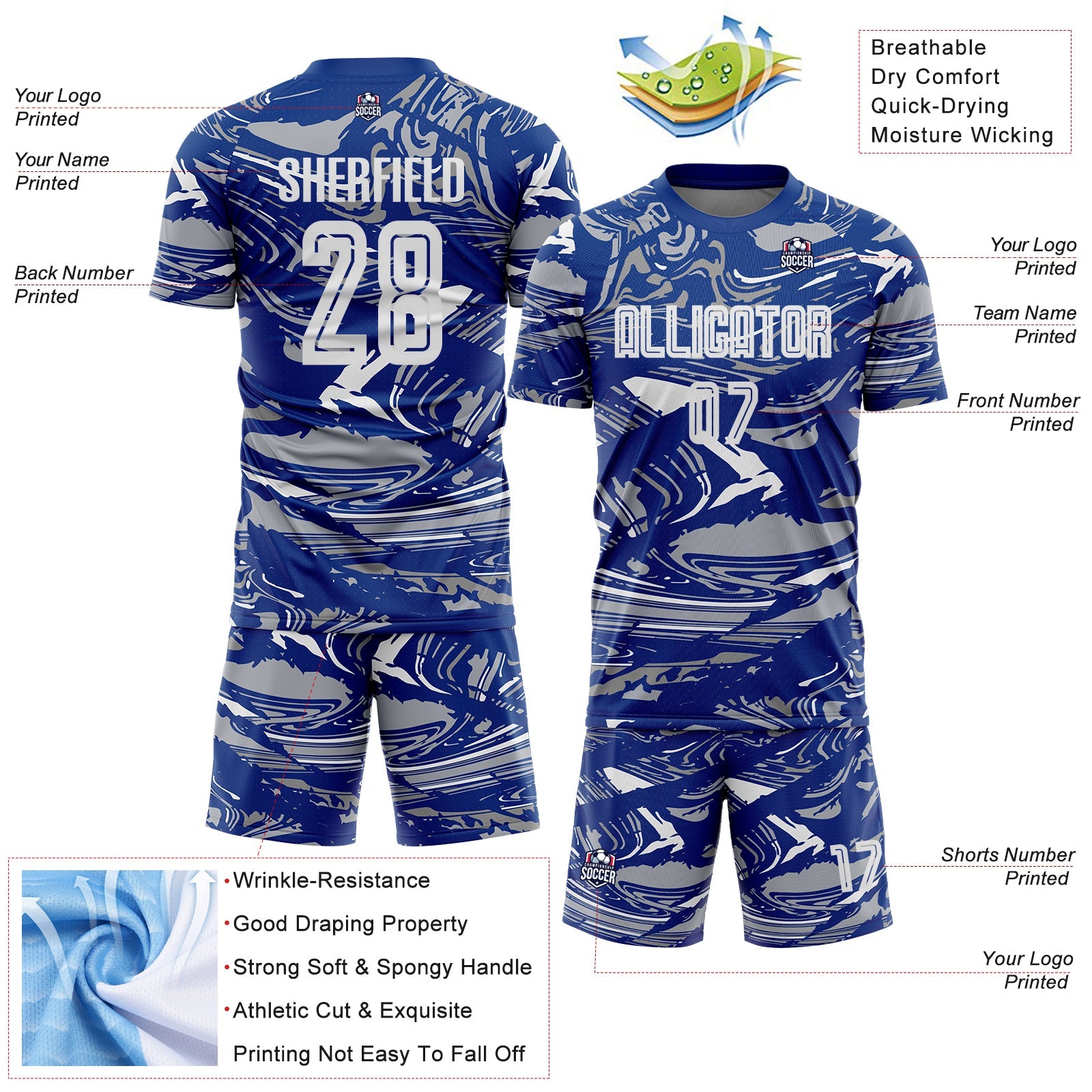 Custom Figure White Royal-Gray Fluid Art Splash Sublimation Soccer Uniform Jersey