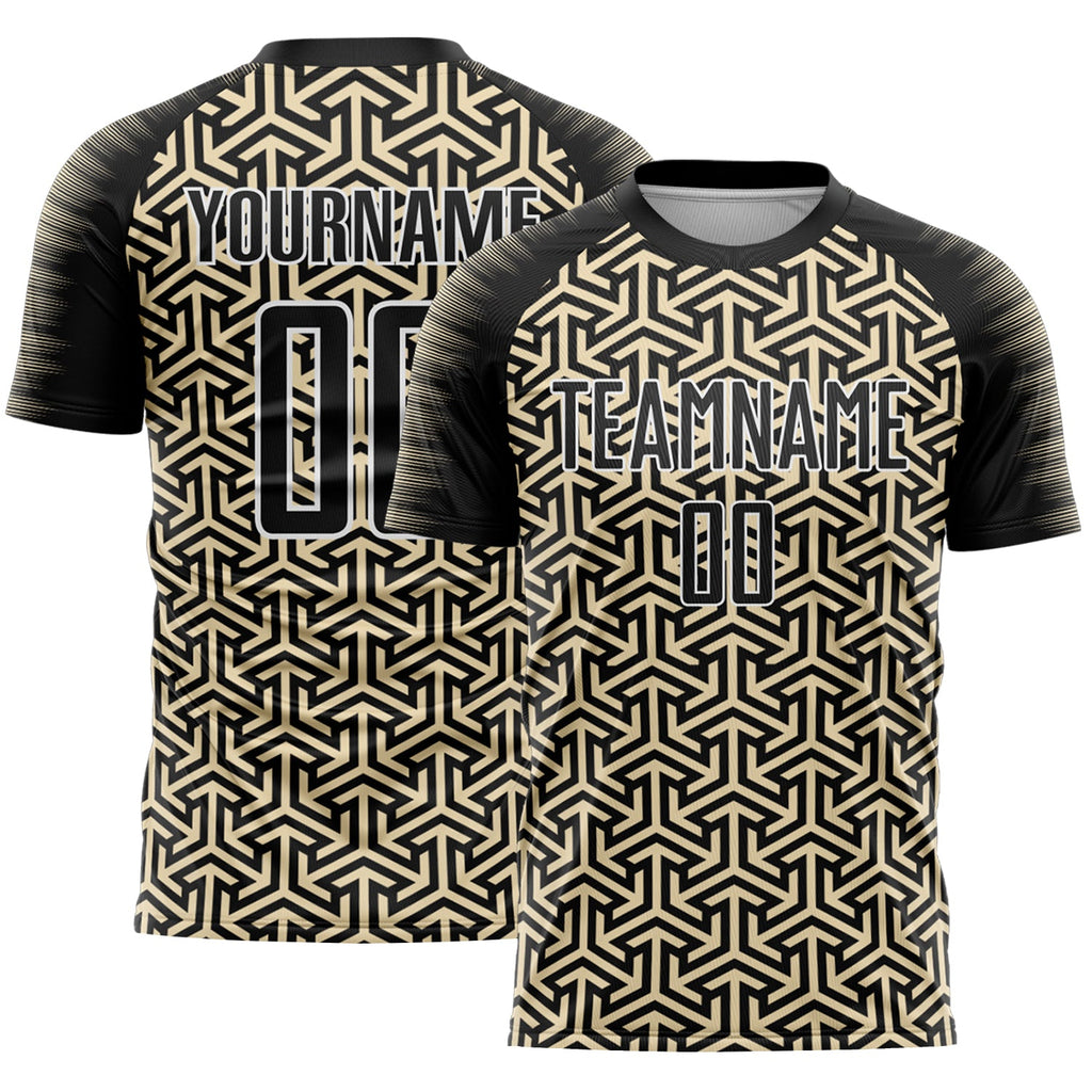 Custom Black Cream-White Geometric Arrow Sublimation Soccer Uniform Jersey