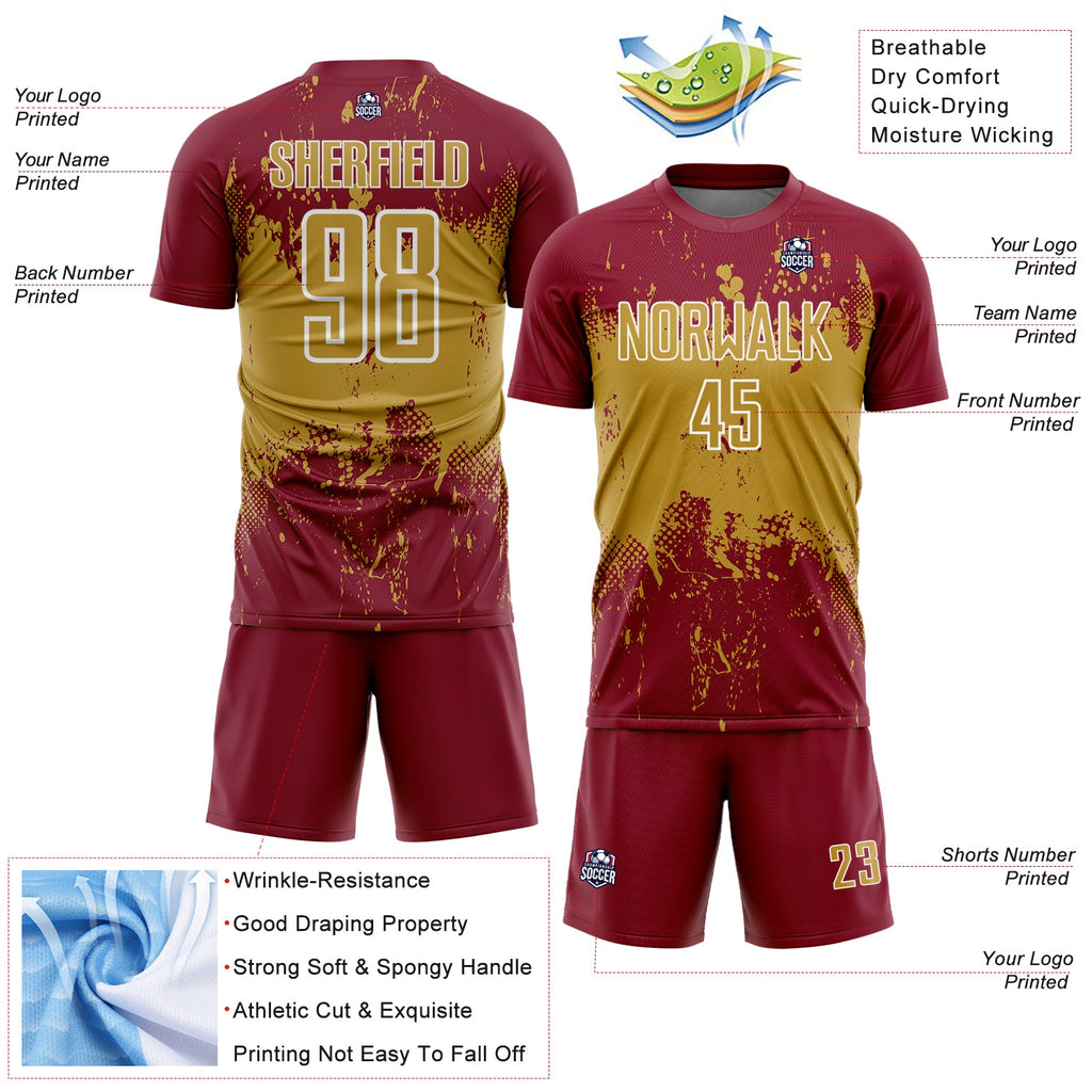 Custom Crimson Old Gold-White Abstract Splatter Grunge Art Sports Sublimation Soccer Uniform Jersey