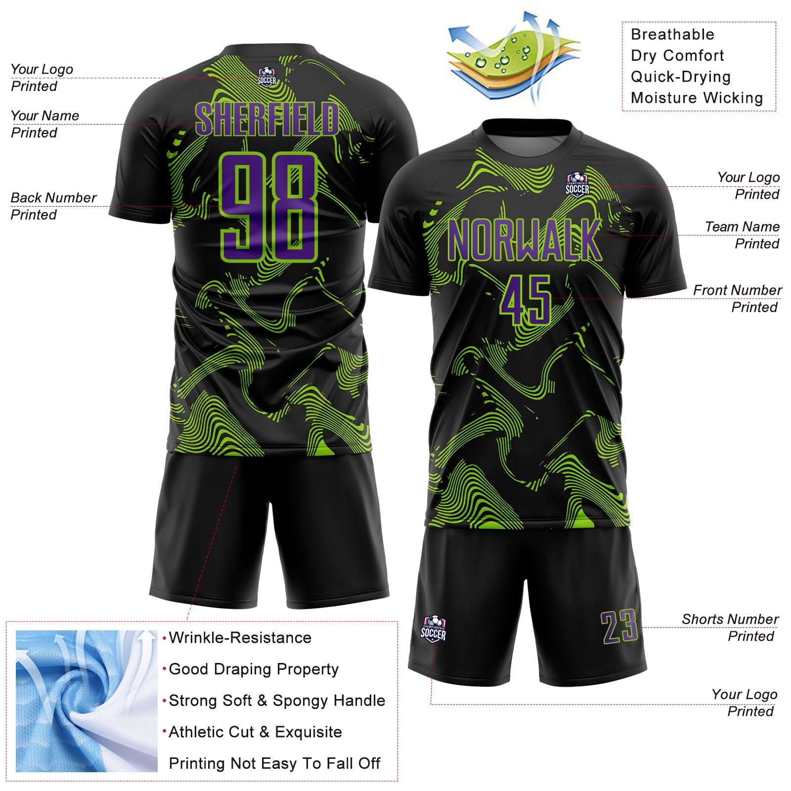 Custom Black Purple-Neon Green Curve Lines Sports Sublimation Soccer Uniform Jersey