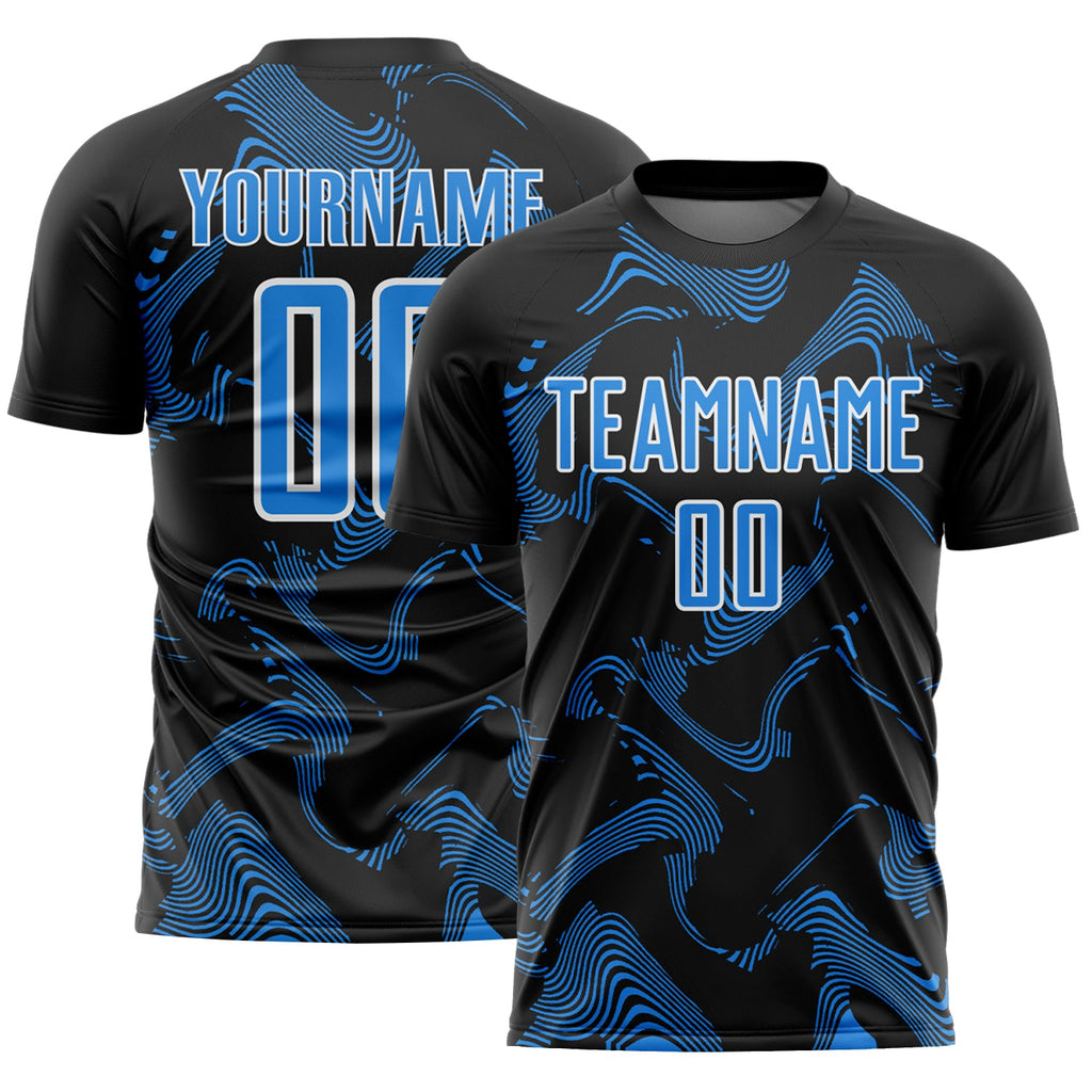 Custom Black Powder Blue-White Curve Lines Sports Sublimation Soccer Uniform Jersey